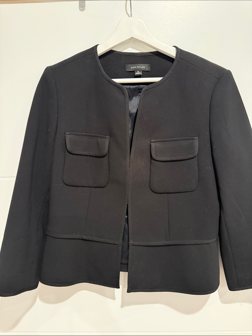 Ann Taylor Black Collarless Pocket Blazer
